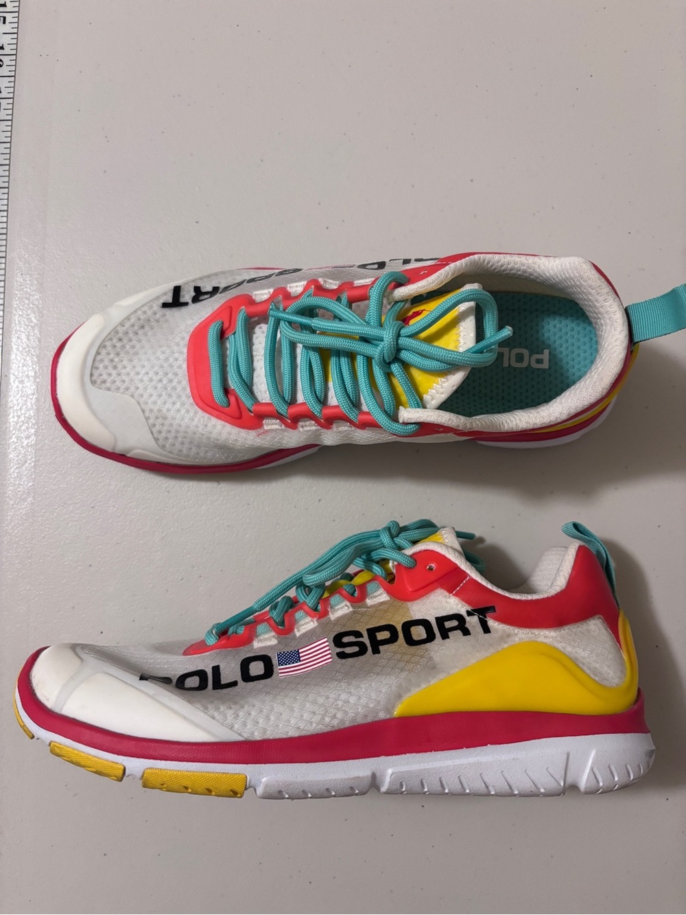 Ralph Lauren Polo Sport Womens 8.5 Tech Racer Athletic Shoes Yellow Coral Retro - Picture 4 of 9